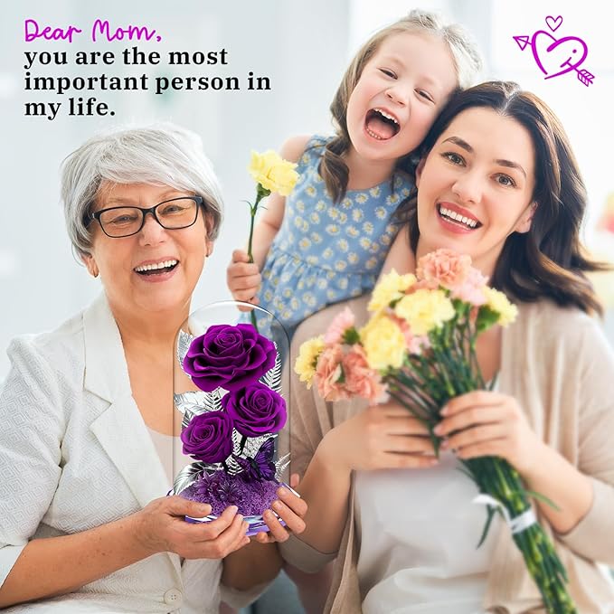 Forever Roses in Glass Dome - Preserved Flowers,Birthday for Her Women Valentine's Day, Mother's Day, Anniversary A-Grade Purple Roses, Home Decor for Girlfriend,Wife, Mom (Purple)