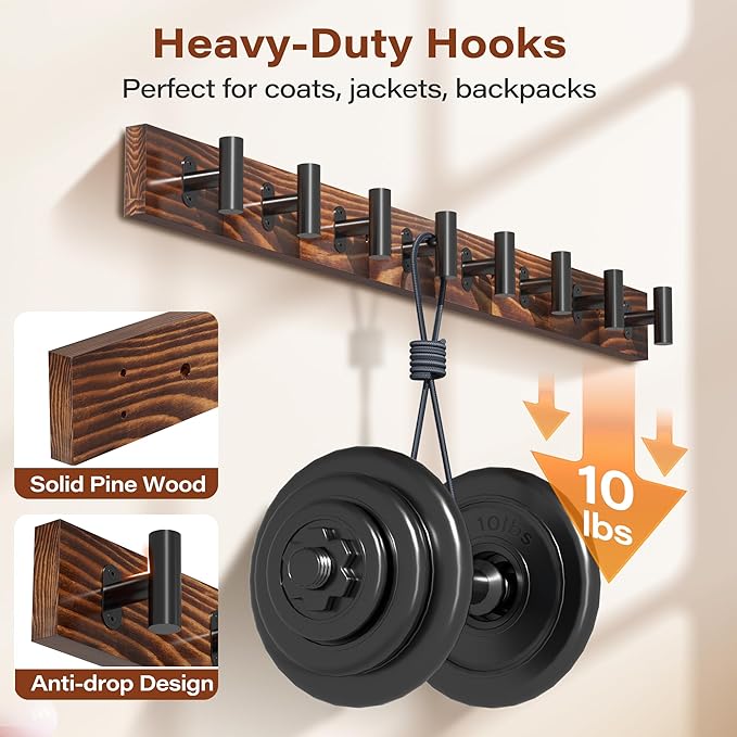 4 Pack Coat Rack Wall Mount, Rustic, Length Per Unit 16.2in | With 16 Black Metal Pre-Installed Hooks, Pine Solid Wood, Large Coat Hanger, For Entryway, Living Room, Bathroom