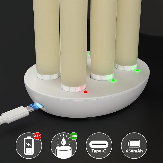 Rechargeable Flameless Taper Candles with Remote, Charging Base, 6 Pcs | 0.78x9.6" ivory wax LED tapers, 3D flicker, 2.5-hour USB-C charge, up to 160-hour runtime for Home Wedding Christmas Decor
