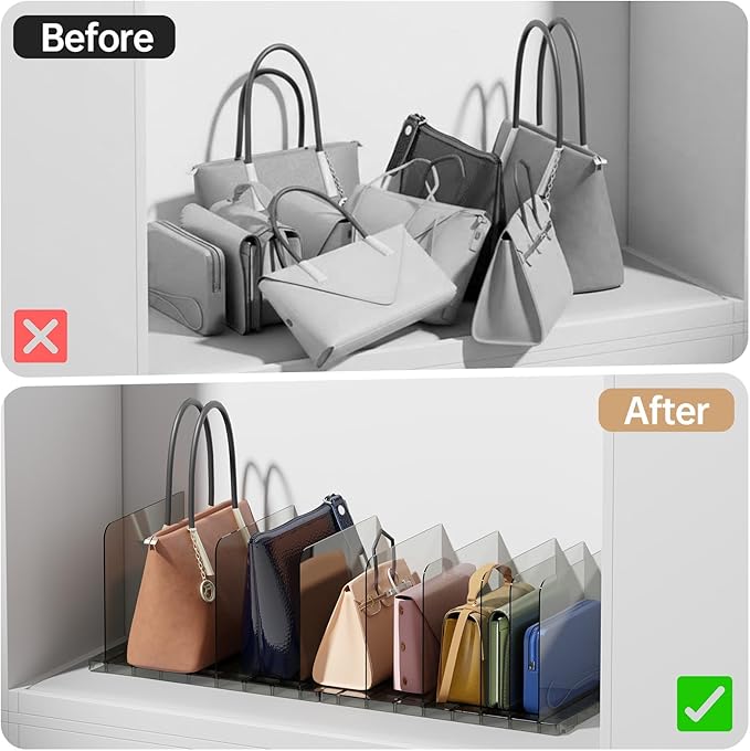PAVSTINE Purse Organizer for Closet, Stackable Handbag Storage Shelf, Adjustable Clear Shelf Dividers, Keep Clutch, Bag, Pocketbook Upright, for Bedroom (Black)