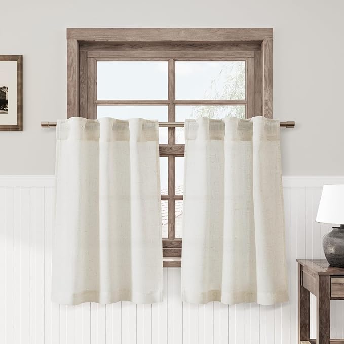 Nanspring Kitchen Linen Curtains 30 Inch Length Curtains Small Window Drapes Back Tab Rod Pocket Farmhouse Cafe Light Filtering Flax Country Rustic for Bathroom Laundry Room 2 Panels Cream 18Wx30L