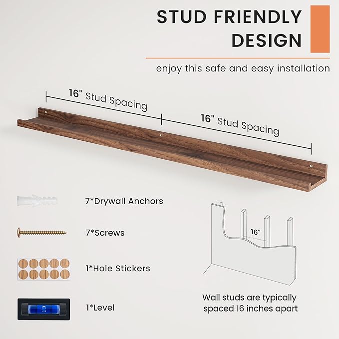 FLYJOE Picture Ledge Shelf, Floating Shelves Set of 2, 48 Inches Long Large Nursery Book Shelves for Toys Storage, Kids Bookshelf Wall Mounted for Living Room Bedroom Decor Books Photo Frames, Walnut
