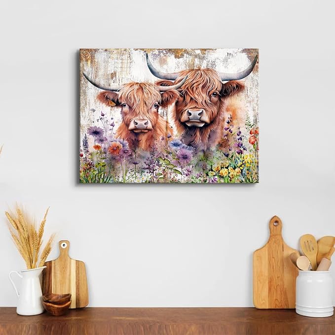 Farmhouse Highland Cow Wall Art Rustic Cow Floral Pictures Wall Decor Western Country Cattle Canvas Print Bathroom Painting Watercolor Animal Wildflower Artwork Kitchen Living Room Nursery Home