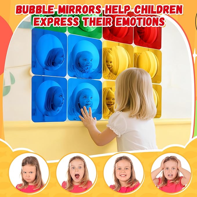 Geiserailie 16 Pcs Sensory Wall Mirror Acrylic Bubble Mirror Toys for Calming Corner Items - Sensory Room Have Visual, Tactile Stimulation (6 x 6 Inch,Red,Yellow,Green,Blue)
