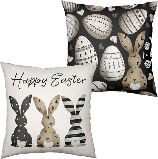Happy Easter Pillow Covers Black White Easter Eggs Pillow Cases 22x22 Brown Love Heart Bunny Throw Pillow Covers Spring Rabbit Farmhouse Cushion Case for Home Living Room 2 Pack