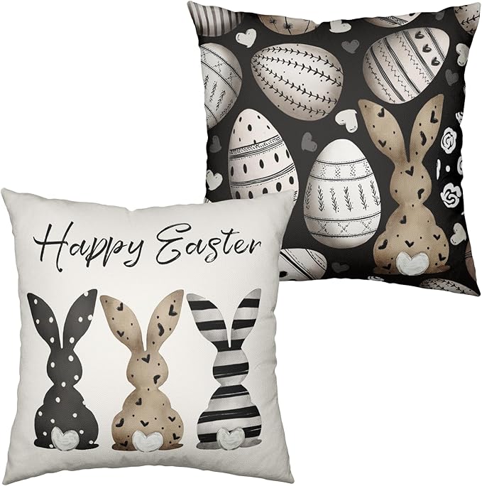 Happy Easter Pillow Covers Striped Polka Dot Love Heart Brown Bunny Throw Pillow Covers 18x18 Black White Easter Eggs Pillow Cases for Home Farmhouse Couch Spring Decor 2 Pack