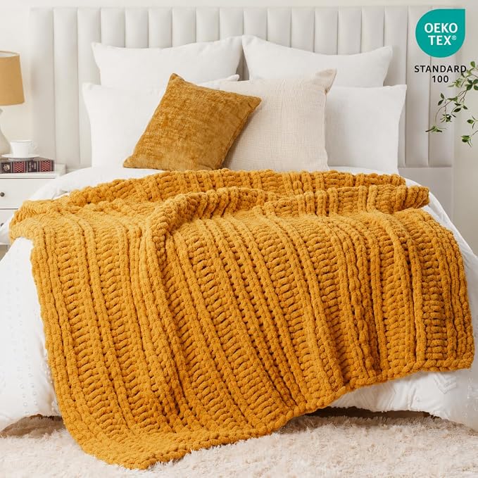 Battilo Chunky Knit Throw Blanket for Couch, Bed, 50"x60"，Mustard Yellow | Hand Knit, BohoThrow Blanket, Fall Decorative Throw, Cozy Warm Thick Soft Chenille Throw Blanket for Living Room