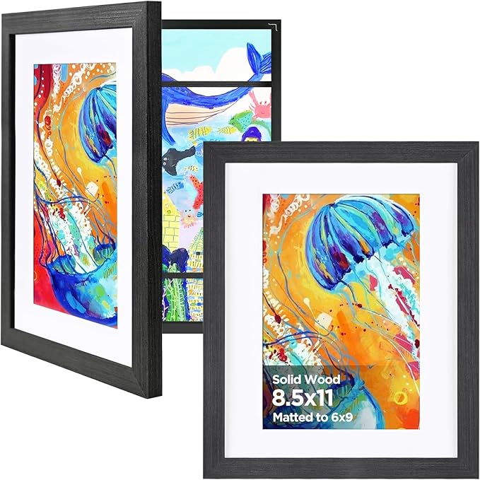KINLINK 8.5x11 Kids Art Frame Set of 2, Solid Wood Kids Artwork Frames Changeable with Front Opening Hold 150 Pictures, Art Frames for Kids Art with Mat，without Mat 8.5x11 Picture Frame Black Wood