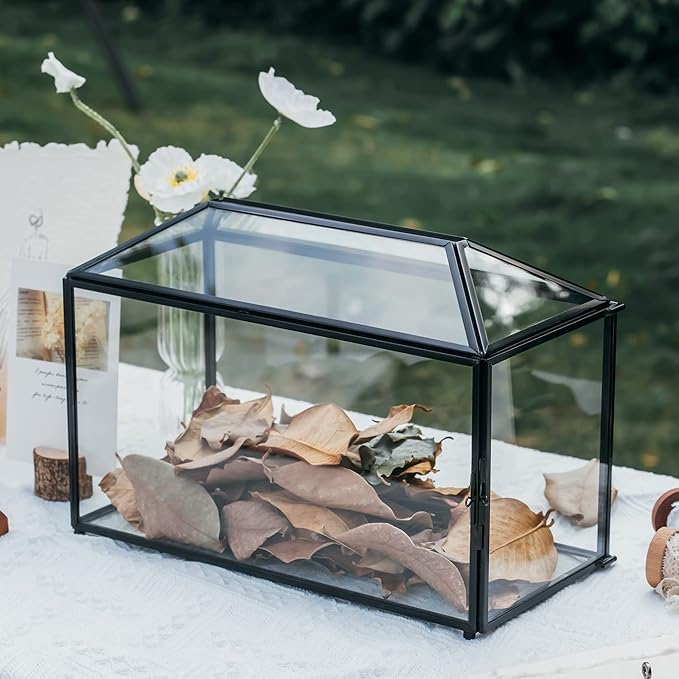 NCYP 12.6" x 5.9" x 9" Wedding Glass Card Box with Slot and Lock for Wishing Well, Keepsake, Envelope - Birthday Party Reception Decor, Black (Glass Box Only) Slot Length 7.3 Inches