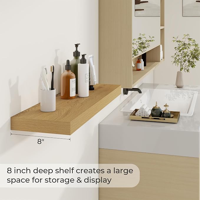 Dreamland 30Inch Floating Shelves 8" Deep Wall Mounted Set of 2 Oak | Wall shelves for bathroom, bedroom, Living Room, kitchen, deep wall mount wood storage display for home decor 30" x 8"