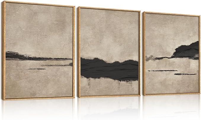 Large Abstract Black and Tan Framed Canvas Wall Art,Vintage Minimalist Wall Decor,Neutral Brush Stroke Artwork,Modern Textured Art Print for Living Room,Bedroom,Office- 12"x16"x3