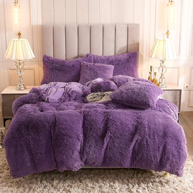 Faux Fur Velvet Fluffy Bedding Duvet Cover Set Down Comforter Quilt Cover with Pillow Shams, Ultra Soft Warm (Queen, Purple)