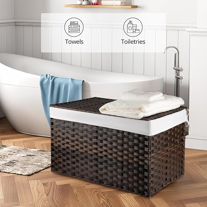 OIAHOMY Large Storage Basket with Lid, 42.3 Gallon (160L) Blanket Basket with Removable Liner Bag, Wicker Hamper with Handle, Foldable, Hamper for Bedroom, Brown