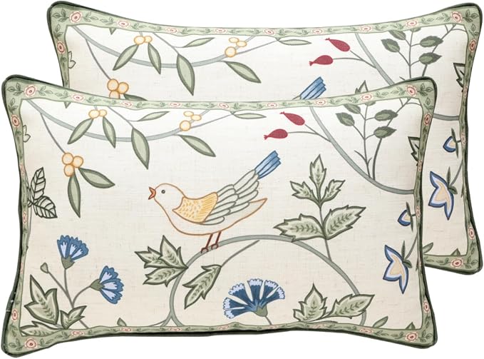 bilin gaier Designer Linen Throw Pillow Covers,20"x12" Set of 2-Idaho A | Vintage Elegant Rectangle Pillow Cover,Concealed Zipper,Floral and Bird Pattern,Sofas,Bedroom,Living Room,Lounge Chairs