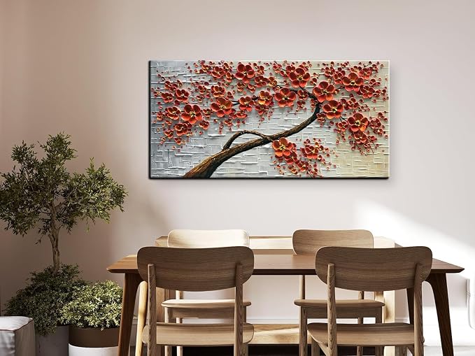YaSheng Art -Large 3D Textured Framed Abstract Floral Oil Painting ,Wall Art for Living Room,hand painted Canvas Wall Art, Bedroom Wall Art Decor, 3D Red Floral Artwork, Modern Home Wall Decor 60x24inch