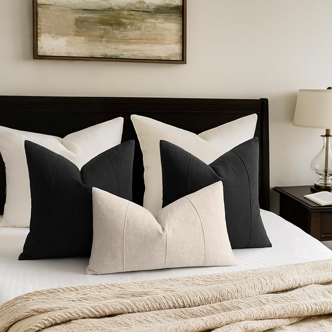 12x20 Pillow Covers Set of 2 Decorative Linen Lumbar Pillow Covers Solid handcrafted Striped Cushion Covers for Bed Soft Modern Farmhouse Neutral Pillowcase for Couch Bedroom Living Room(Cream White)