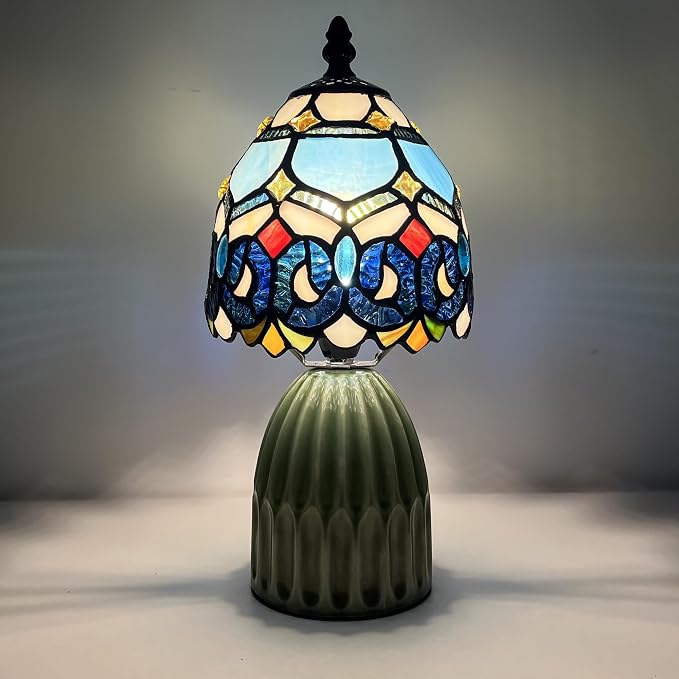 Tiffany Stained Glass Mushroom Table Lamp 12.5 Inch -Blue Jewelry | Tiffany Lamp,6X6X12.5 Inch,Small Night Light,Ceramic Base, Mini Accent Light Suitable,Bedside,Bedroom, Children Room,Antique