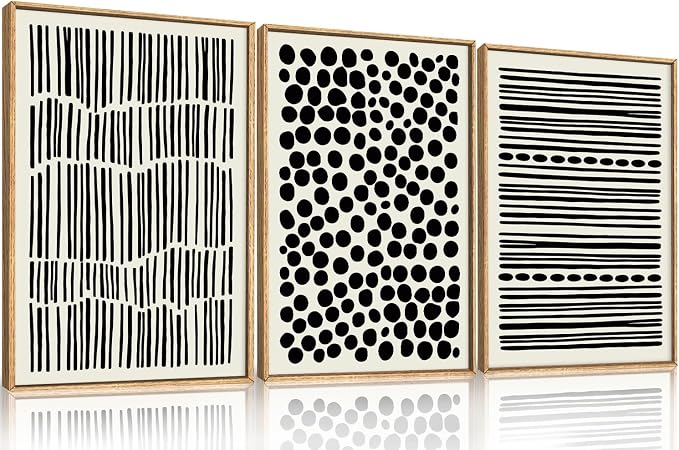 KAIRNE Abstract Black and White Framed Canvas Wall Art Set, Modern Geometric Wall Decor, Minimalist Line Art Prints, Neutral Boho Dots Artwork for Living Room, Bedroom, Farmhouse, Office -16"x24"x3