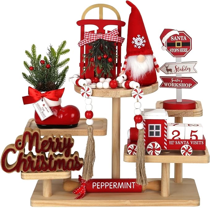 Christmas Decorations 8 PCS Tiered Tray Decor Set, Cute Tabletop Christmas Decor for Home Office Shelf Mantel Coffee Bar Xmas Table Centerpieces Tray Objects Holiday Decoration Set