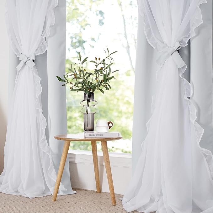 PONY DANCE Shabby Chic Curtains with Ruffle Sheer Overlay for Girls Bedroom, Double Layer Room Darkening Drapes,Farmhouse Rustic Design, 52" W x 95" L, Greyish White, 2 Pieces