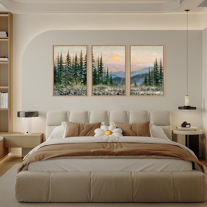 DRACIT Boho Sunset Forest Framed Canvas Wall Art Set,Natural Green Pine Tree Wall Decor,Modern Watercolor Mountain Landscape Artwork for Living Room,Bedroom,Office-24 x36 x3