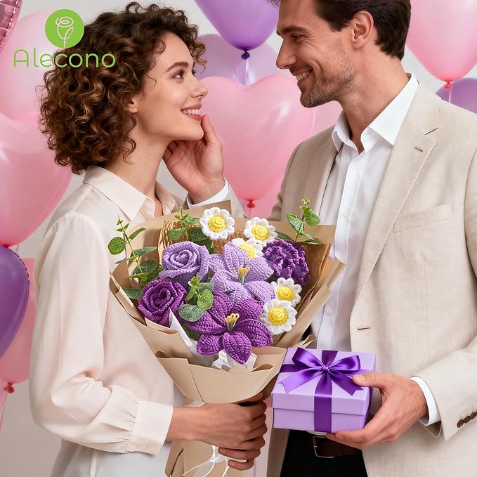 Alecono Crochet Flower Bouquet, Purple Knitted Flowers, Large Knitted Flower for Anniversary Party Christmas Festival Gifts for Her (Include Card)