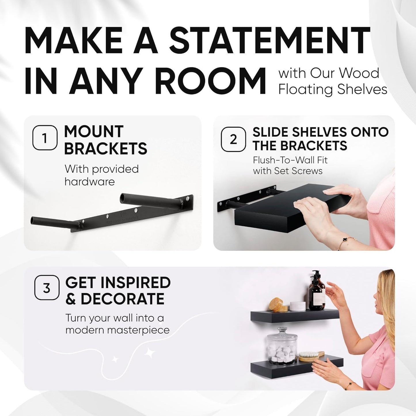 Homeforia Floating Shelf Black 12 inch, High End Solid Real Wood Small 12inch Floating Shelves for Wall Mounted, Black Wooden 12 in Floating Shelves, Heavy Duty Bracket, 12 X 6.5 X 1.75 inch, Set of 2