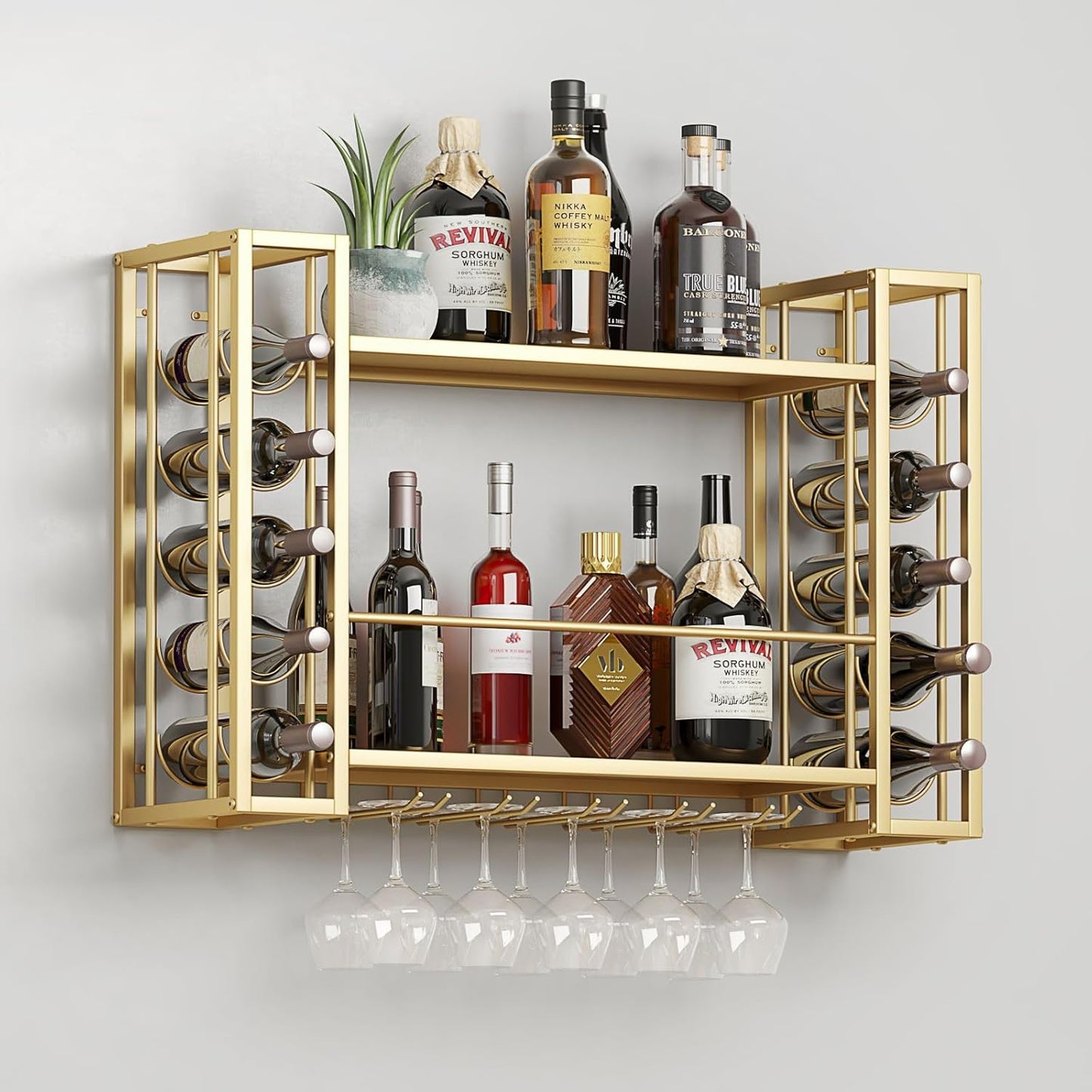 Wall Mounted Wine Rack, Hanging Floating Bar Liquor Shelves with Glass Holder, Metal Bottle Holder Wine Storage Display Shelf for Home Bar, Gold