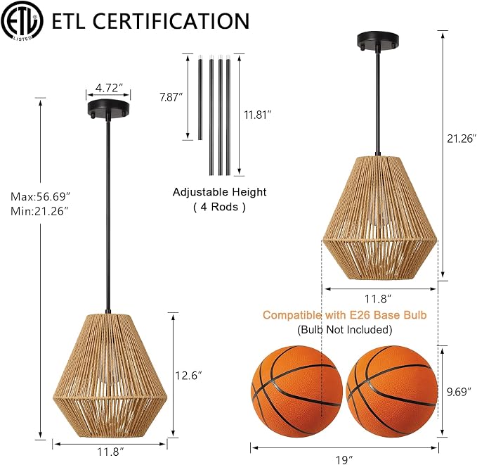 LynPon 12“ Boho Rattan Pendant Light with Rod Hanging, Black Boho Light Fixture with Hanging Lamp Shade, Farmhouse Coastal Wicker Pendant Light for Kitchen Dining Room Bedroom Hallway Foyer Bathroom