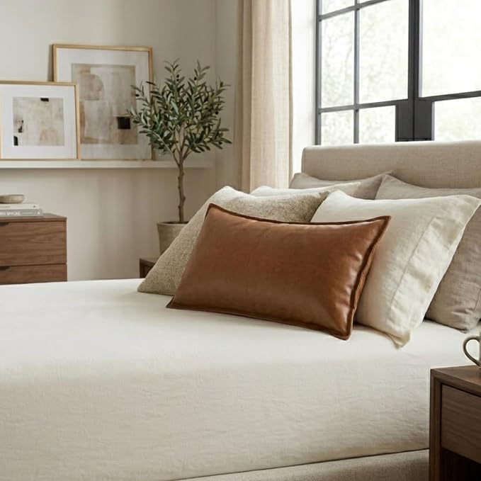 Genuine Leather Pillow Cover Case for Lumbar Throw Couch Pillows - Modern Farmhouse Decorative Sofa Thick & Soft Cushion Covers (Tan, 12" x 20")