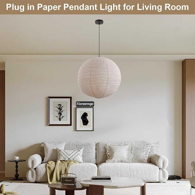 Linen Pendant Light Kit with Cord and Ceiling Canopy, 20in Off-White Round Japanese Japandi Wabi Sabi Lantern Hanging Lamp Chandelier for Living Dining Room Bedroom Rented Apartment 1 Pack