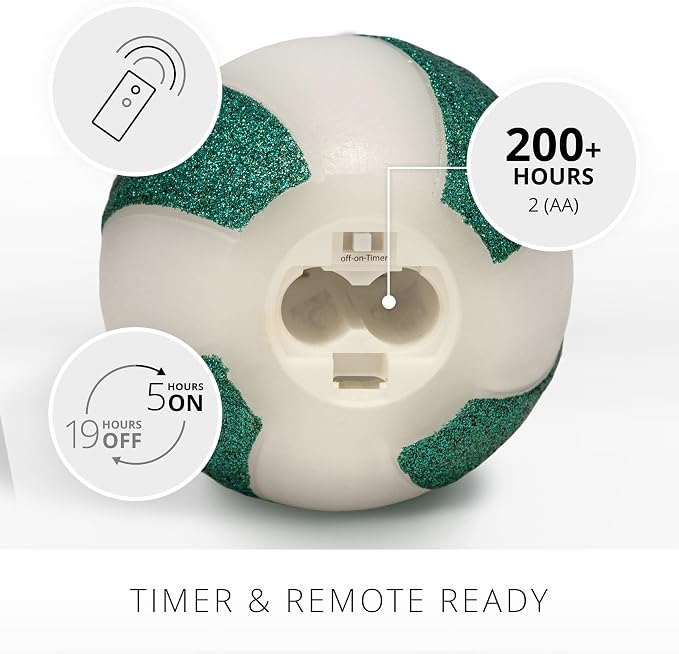 Luminara - Flameless Holiday Crystal Beads Glitter Sphere Candle - Candy Cane Green- Pack of 1-4x4.25 - Auto Timer Built-in 5-Hour Timer Indoor Use