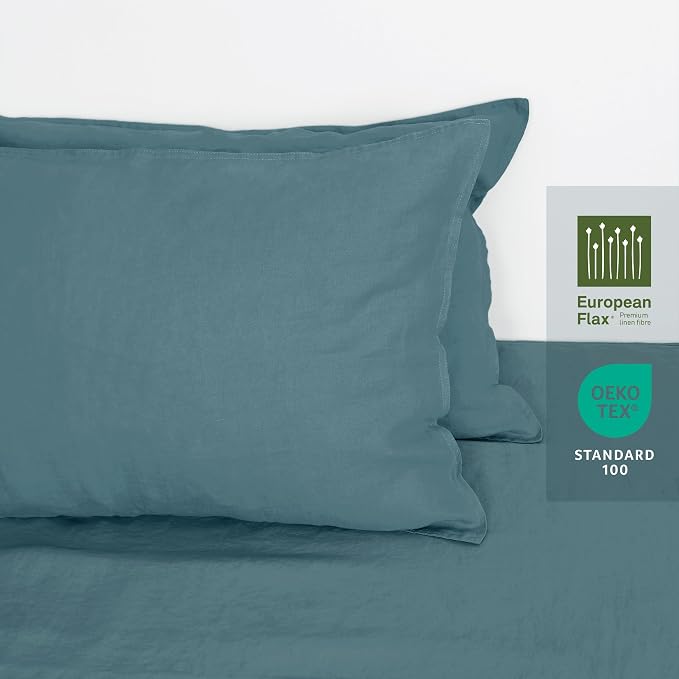 Linen World Linen Pillow Cases Queen Size - 20"x30" Set of 2,100% French Flax Pillowcase,Soft Breathable Natural Pillow Covers,Lake Blue