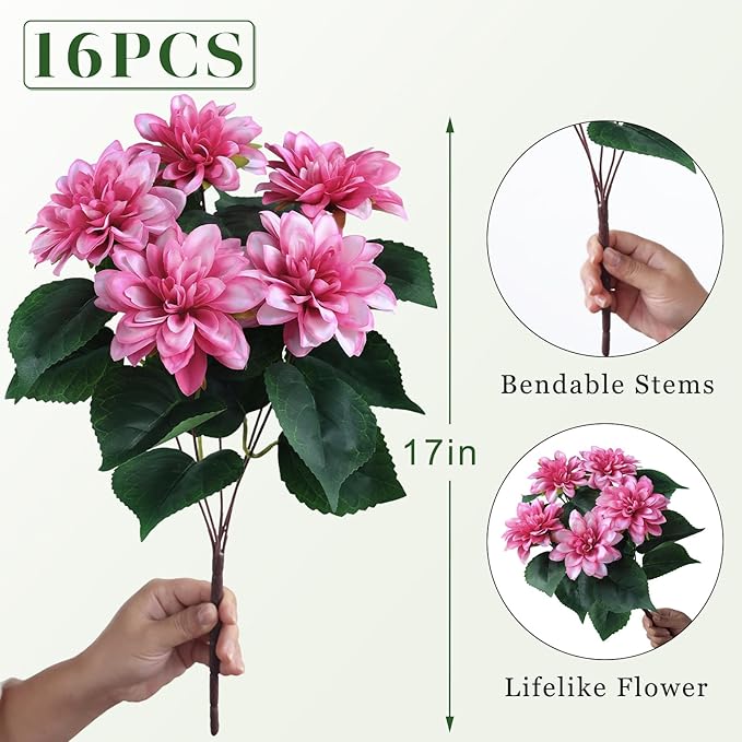 VIERENA 16 Bundles Artificial Dahlia Flowers for Outdoors Spring Summer Decor, No Fade Silk Flower Faux Dahlias Plant Arrangement for Home Garden Balcony Farmhouse（Pink）