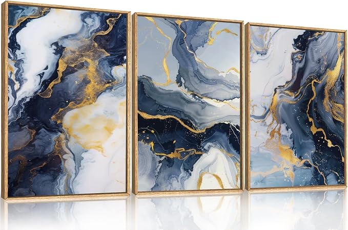 Navy Blue and Gold Framed Canvas Wall Art Set,Mid-Century Modern Abstract Wall Decor,Navy Blue Ink Wash Painting,Neutral Art Print for Living Room,Bedroom,Dining Room,Office-16 x24 x3