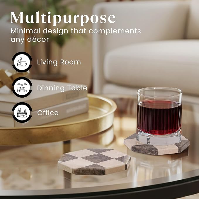 Marble Coasters Set of 4, Oceanic & Verona Handmade 4 inch Star Stone Coaster, Decorative Checkered Cup Coaster for Coffee Table, Housewarming Gift & Luxury Kitchen Accessories