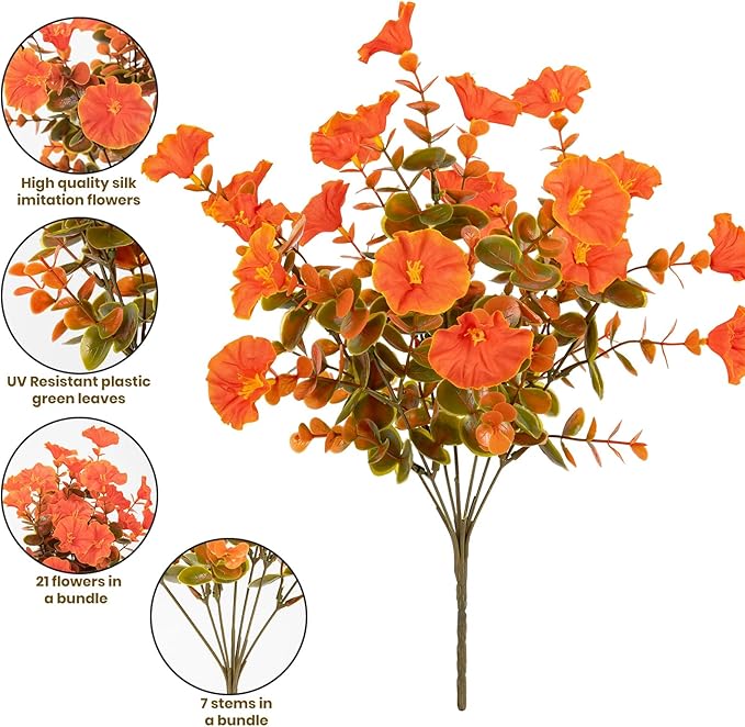 Nigirior Artificial Fake Mums for Outdoor 16 Bundles Fall Orange Morning Glory for Halloween Decorations