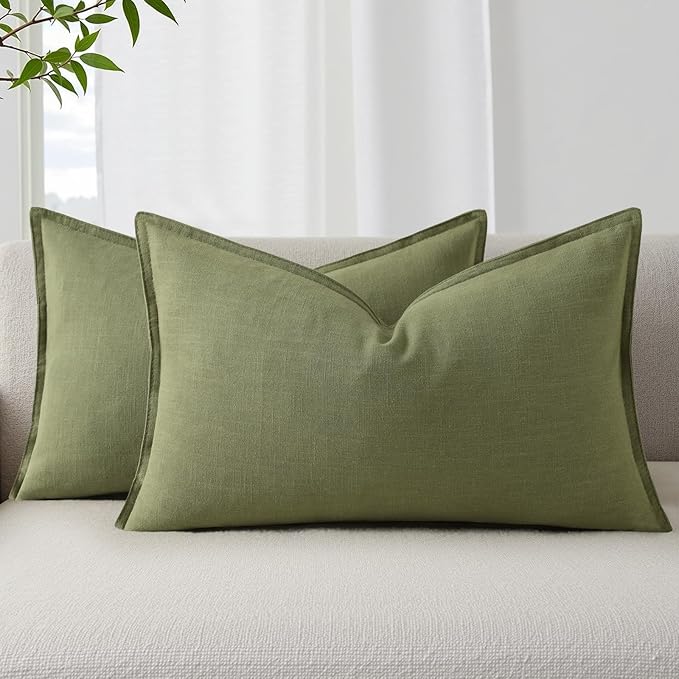 decorUhome Summer Decorative Linen Throw Pillow Covers 12x20 Inch Set of 2 Olive Green Lumbar Pillow Covers with Flange Edges Soft Farmhouse Boho Accent Pillow Cases for Couch Bed Living Room