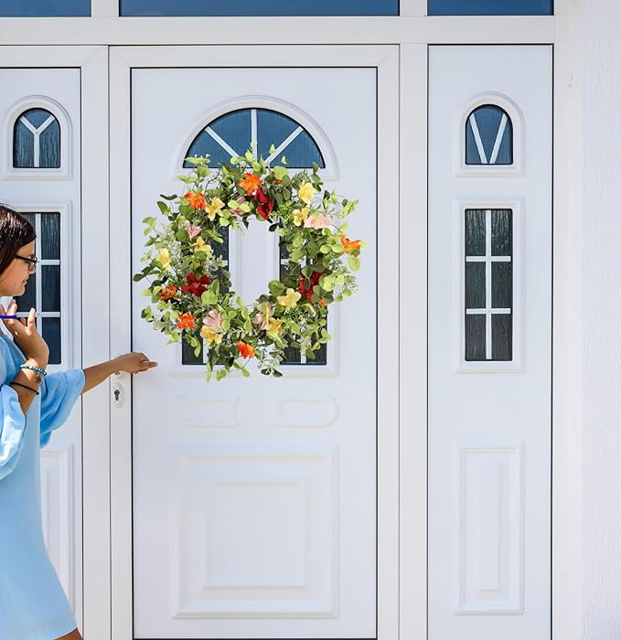22IN Artificial Spring Summer Wreath with Wild Flowers & Silk Daisies Eucalyptus, UV Resistant, Colorful Wreath - for Spring Summer Indoor Outdoor Home Décor
