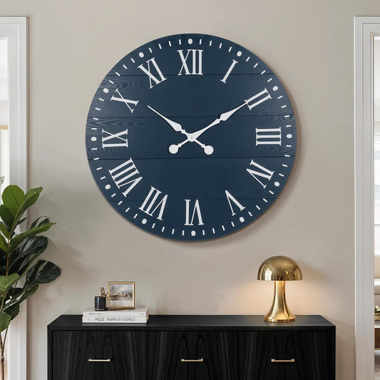 Large Wall Clock with Roman Numeral, 35” Shiplap Wall Clock Farmhouse Nearly Non-Ticking, Round Clock for Living Room Decor, Office, Bedroom, Entrance, Blue