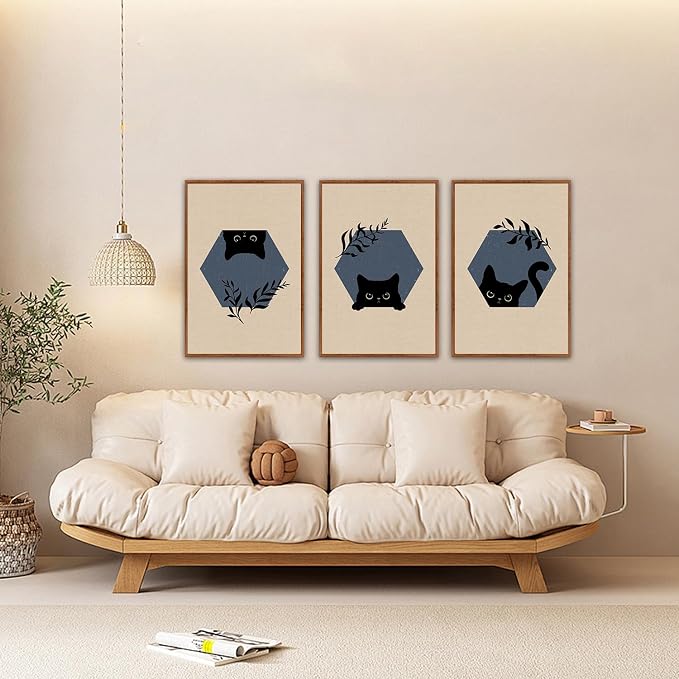 LHIUEM Boho Black Cat Framed Canvas Wall Art,Abstract Cute Animal Wall Decor,Modern Funny Kitty Painting,Beige Dark Leaves Artwork for Living Room,Bedroom,Dining Room -16"x24"x3