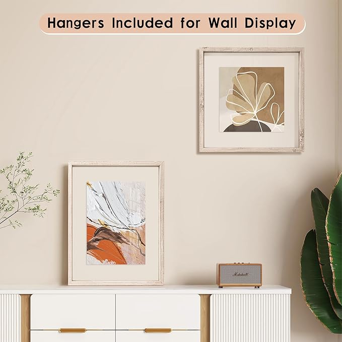 MUYE 8x10 Floating Frame Distressed Beige White Wood Pattern,Double Glass Picture Frame Set of 2 Display Any Size Photo up to 8x10,Wall Mount or Tabletop Stand