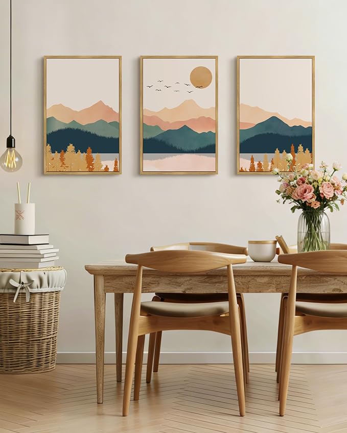 PHOPAGO Mountain Range Landscape Large 16x24in Framed Wall Art Watercolor Nature Laker Paints Boho Sun Rises Rustic Room Decor for Living Room Farmhouse - Natural Framed