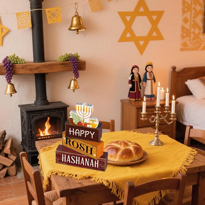 4 Pcs Rosh Hashanah Tables Decorations Happy Rosh Hashanah Wooden Tabletop Jewish New Year Party Decorations Rustic Block Centerpieces Sign for Gift Crafts Home Desk Shelf Shana Supplies