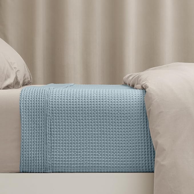 PHF Pre-Washed 100% Cotton Waffle Weave Blanket Queen Size for Bed,Snag Proof Throw Blanket for Couch Spring Summer Lightweight Breathable,Machine Washable, Home Decor Gift - Dusty Blue