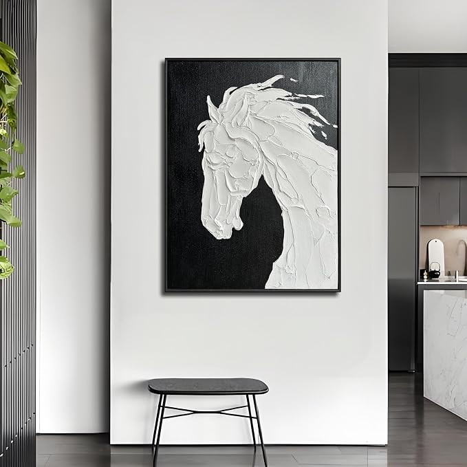 Sofoney - Black Framed Black and White Textured Wall Art Hand Painted 3D Plaster White Horse Oil Painting Modern Minimalist Canvas Wall Decor for Living Room Bedroom - 24"x32"