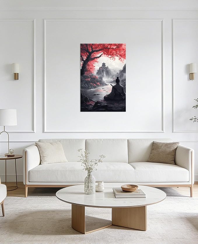 KPLUNDO Japanese Canvas Wall Art Samurai Warrior Picture Red Tree Landscape Paintings Prints Asian Artwork for Living Room Bathroom Home Office Decoration, 12x18 inch
