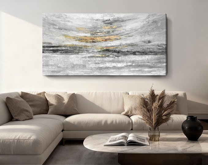 Nicetop 58x29" Large Black and White Abstract Coastal Wall Art with Metallic Gold Accents, Modern Minimalist Canvas Print of Ocean Waves and Clouds, Ready to Hang Wall Decor for Living Room, Bedroom Above Bed, Office