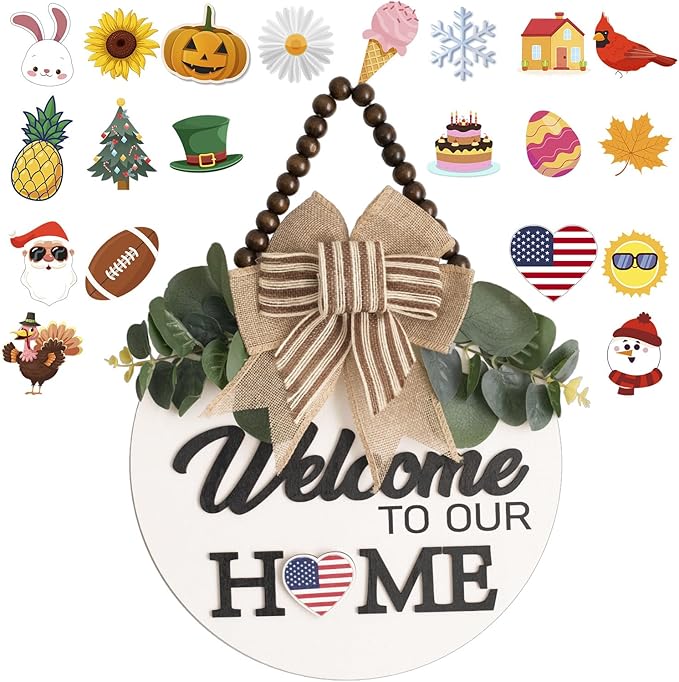 Welcome Sign for Front Door Wreath Decorations for All Seasons Front Porch Decor Hanging Gift for Farmhuose Home Outdoor Indoor (White A)