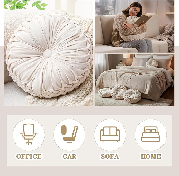 Drydiet 1 Pcs Round Throw Velvet Pillows Decorative Pleated Throw Pillows Diameter Accent Pumpkin Boho Chair Cushion for Couch Sofa Home Decoration (Beige,15'')